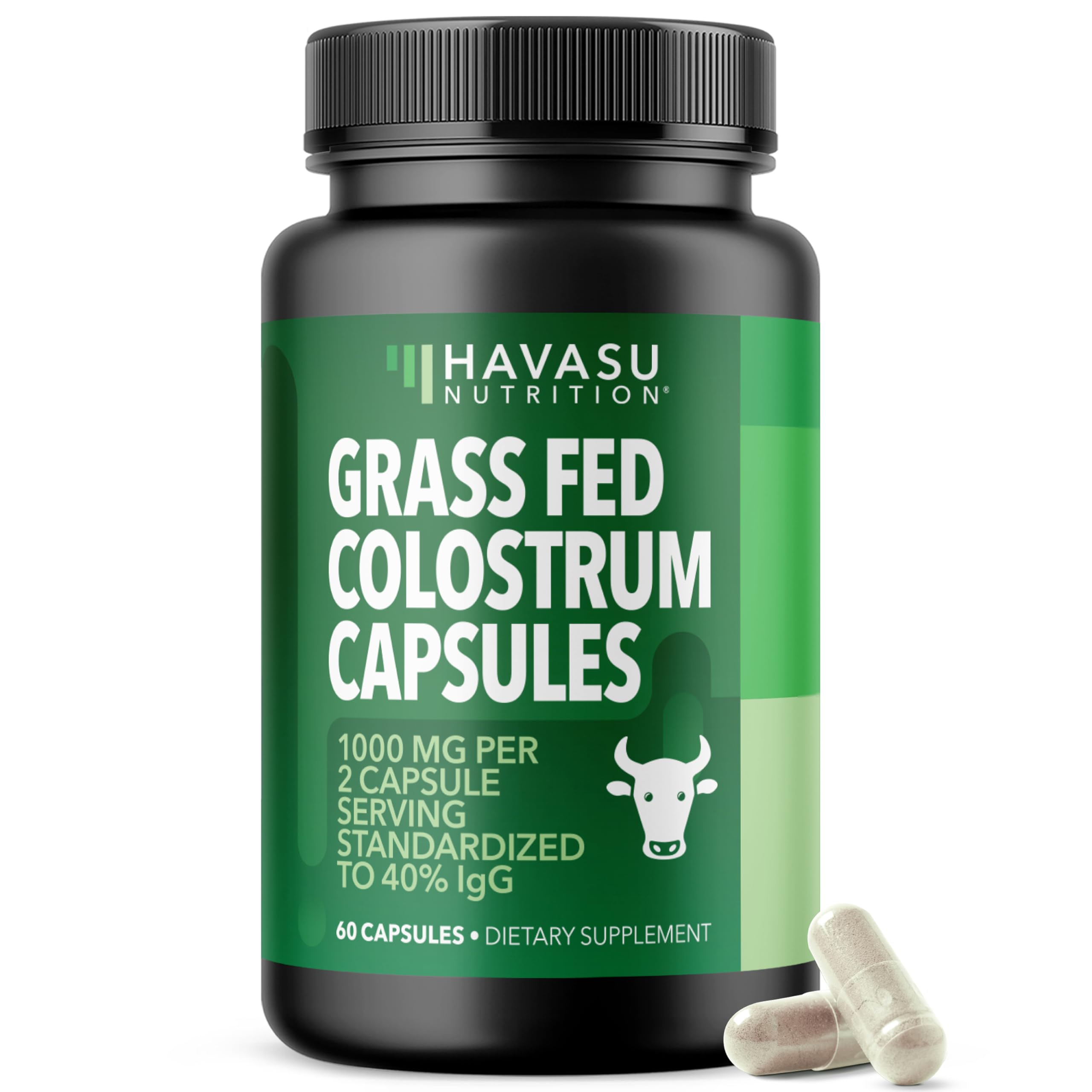 Front view of Grass Fed Colostrum bottle showing 60 count