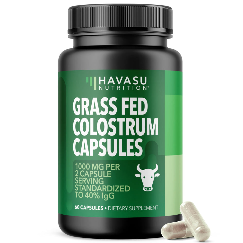 Front view of Grass Fed Colostrum bottle showing 60 count