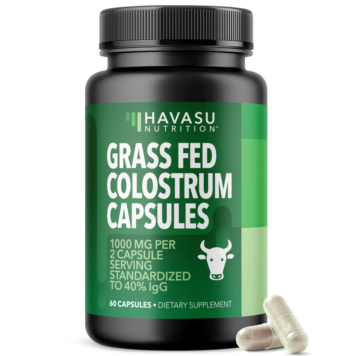 Front view of Grass Fed Colostrum bottle showing 60 count