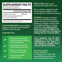 Close-up of 1000mg per serving label with 40% IgG