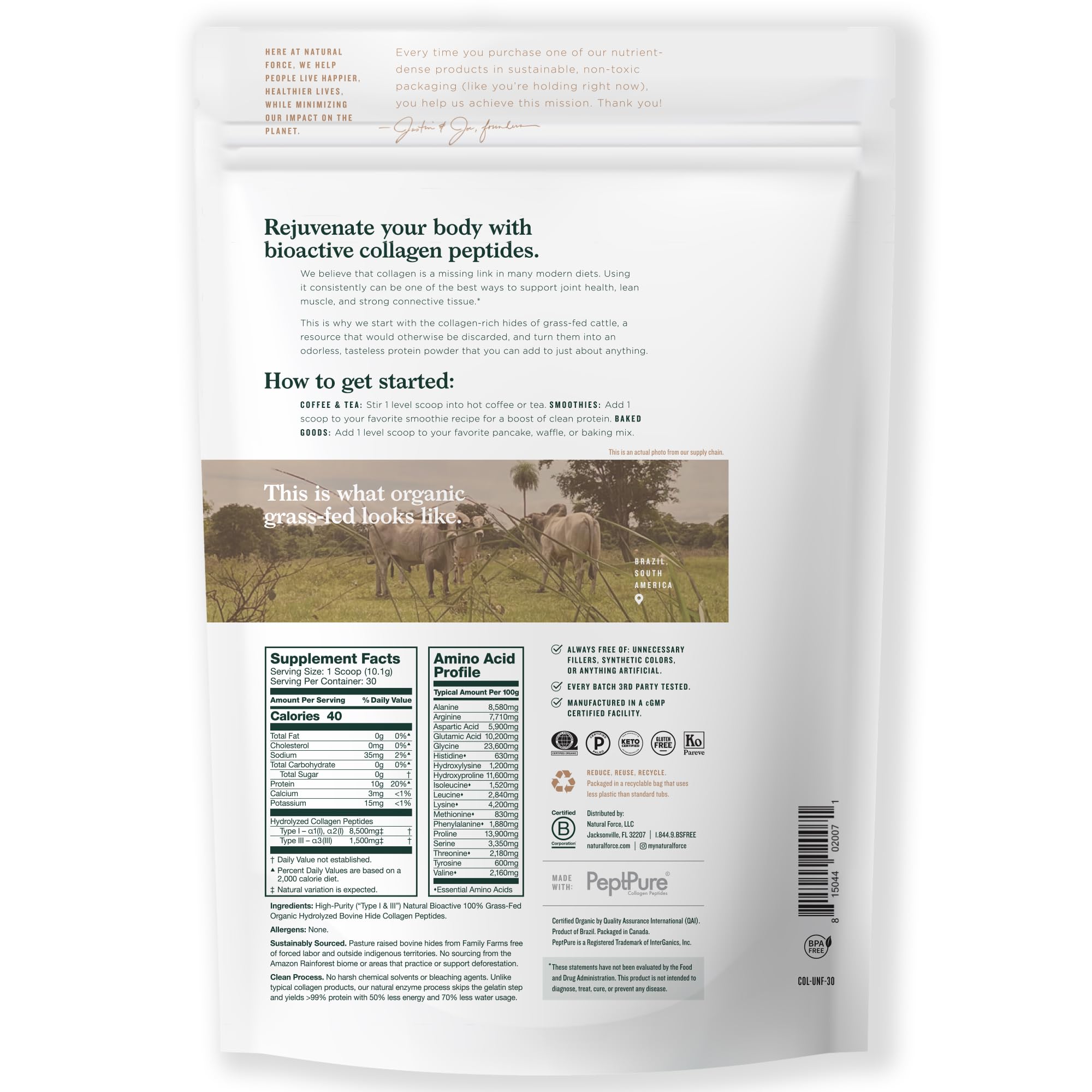 Grass-fed organic collagen powder in jar