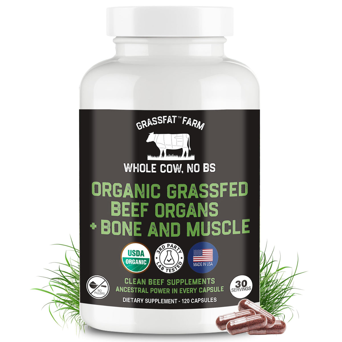 Grassfat USDA Organic grassfed beef organs supplement bottle