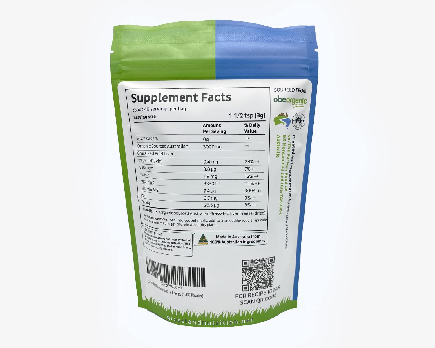 Close-up of Beef Liver Freeze-Dried Powder 120g by Grassland Nutrition