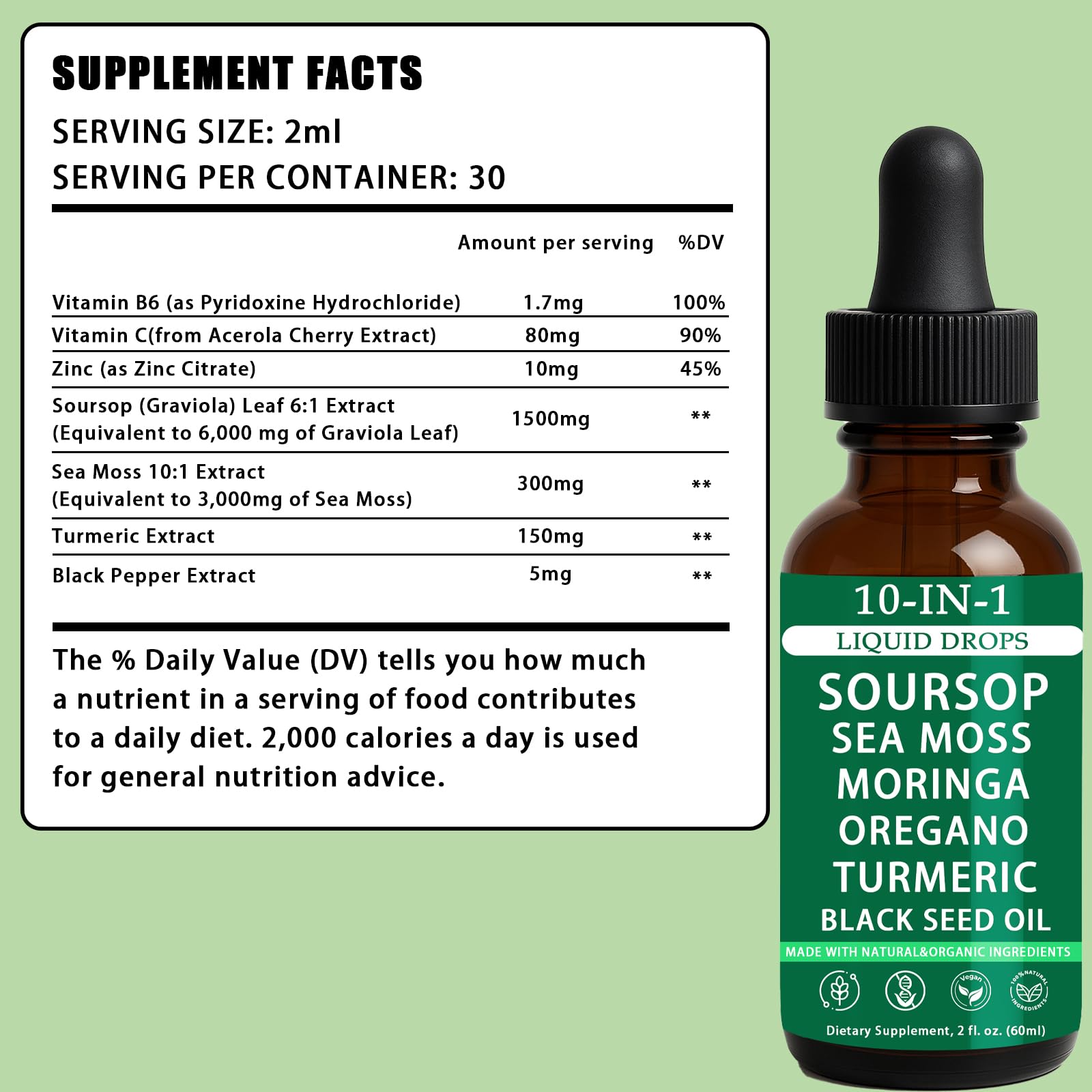 Product image showing usage: dropper under tongue or in water