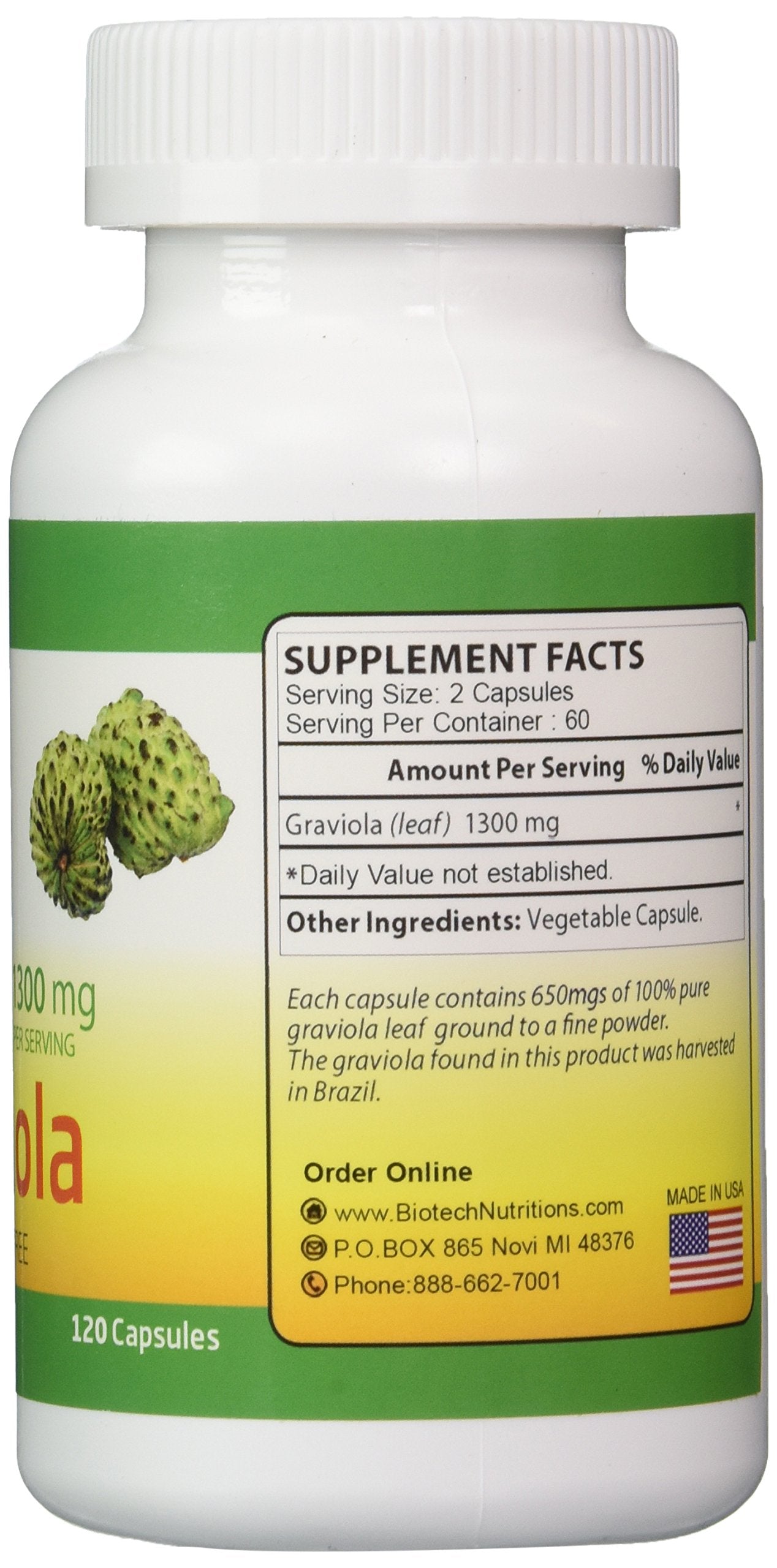 Serving size of Graviola: 2 capsules equals 1300mg
