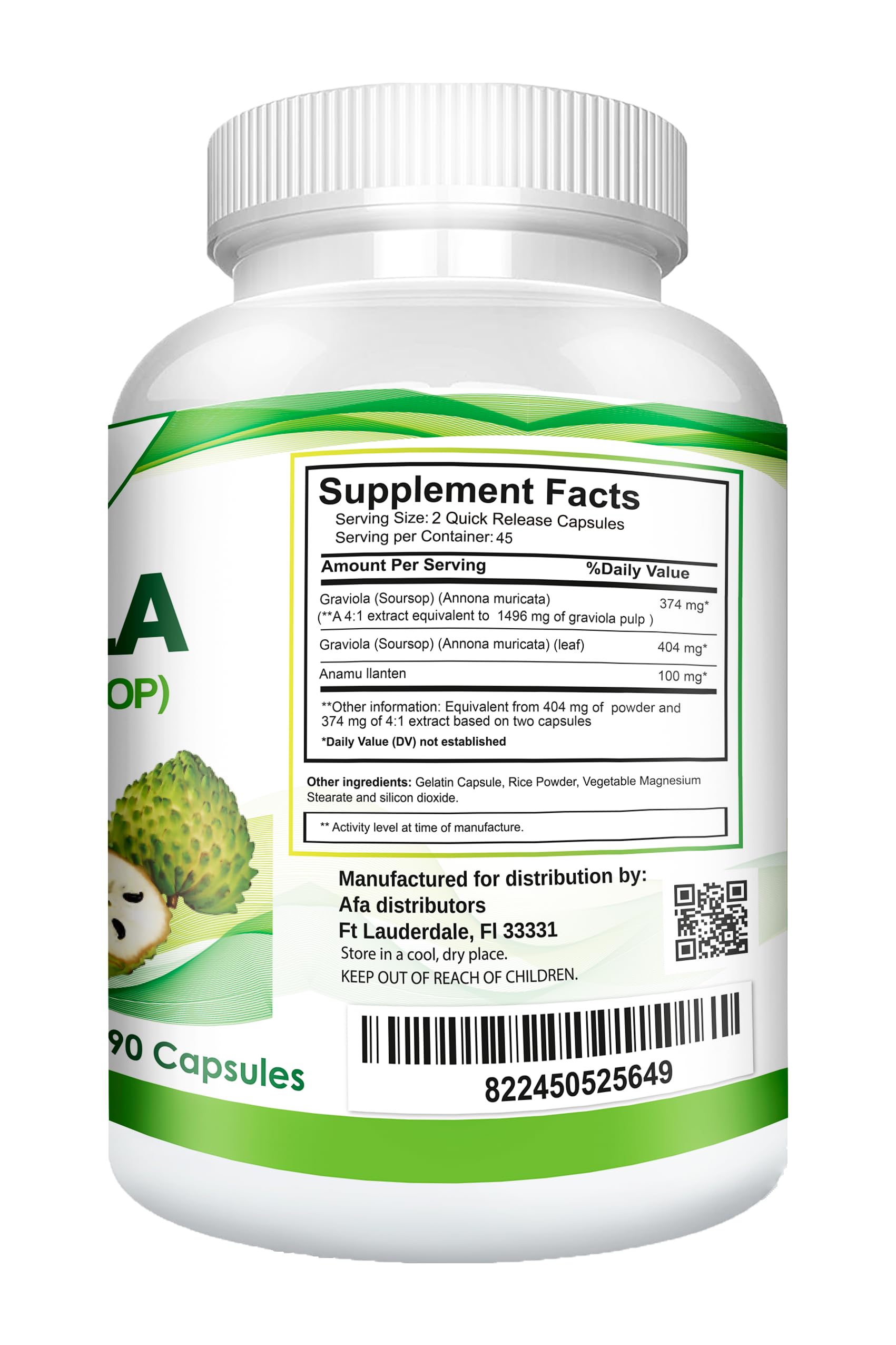 Graviola leaf and fruit extract capsules (90-count bottle) close-up