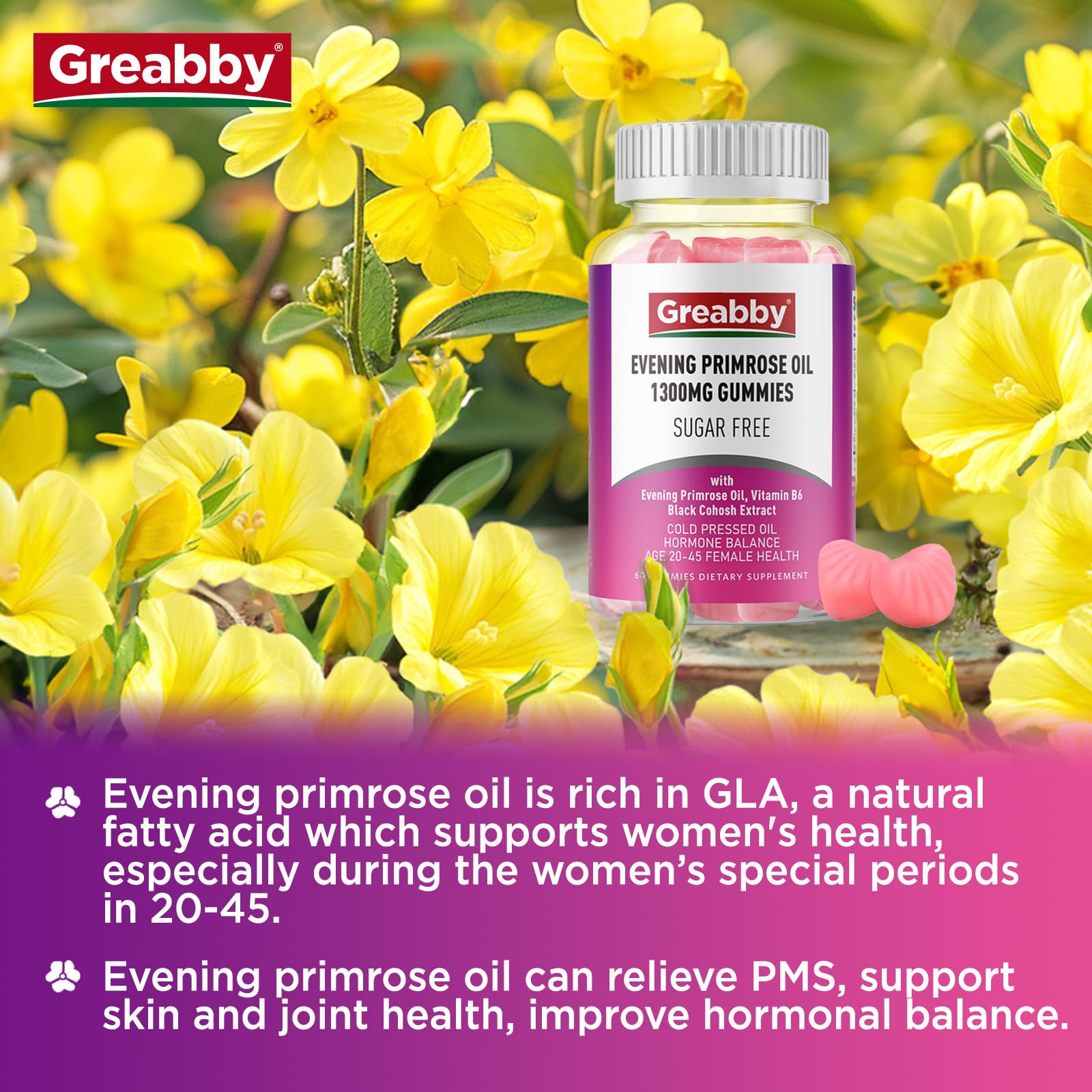 Ingredients panel showing evening primrose oil, black cohosh and vitamin B6