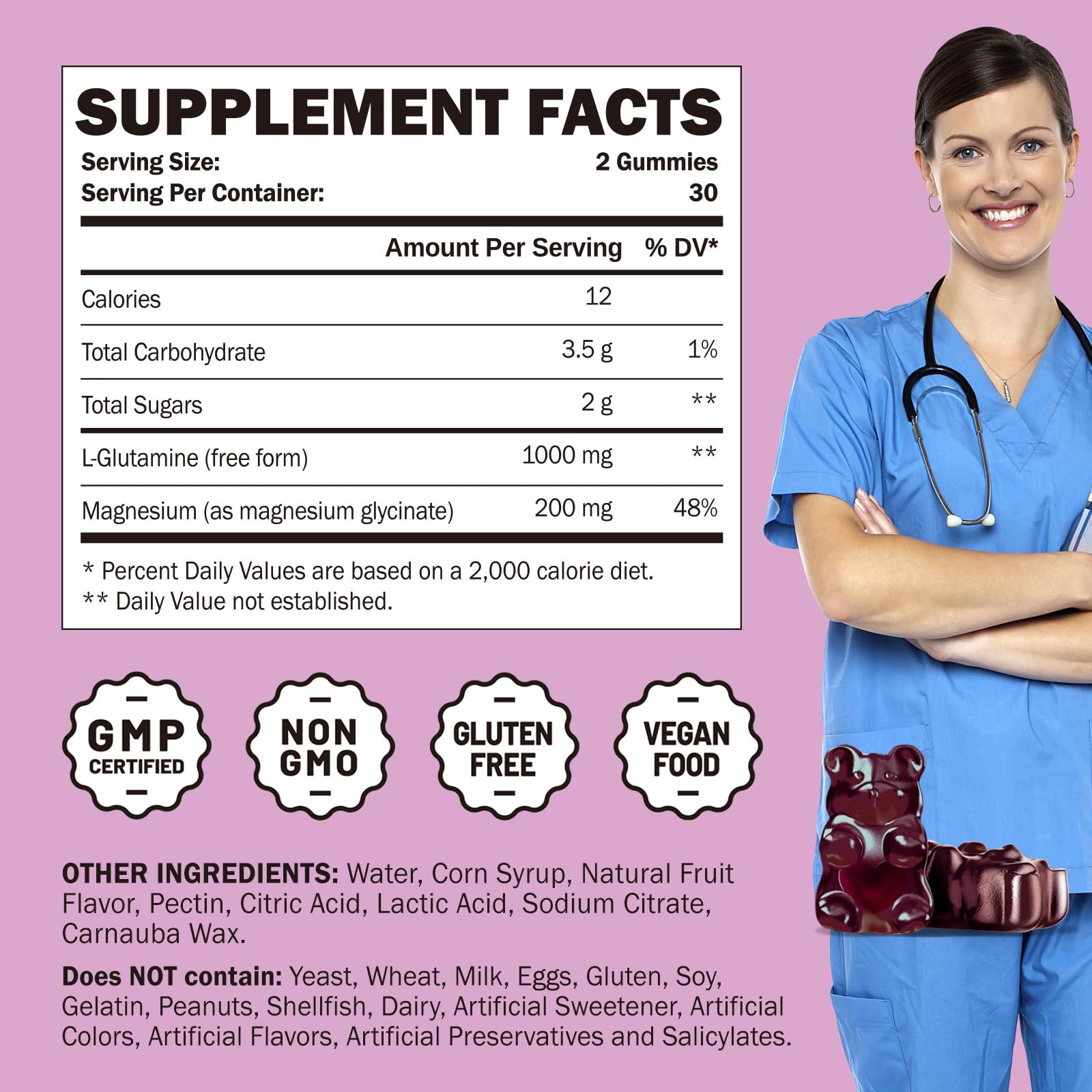 Close-up of GREABBY L-Glutamine Gummies label