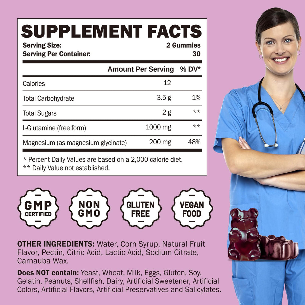 Close-up of GREABBY L-Glutamine Gummies label