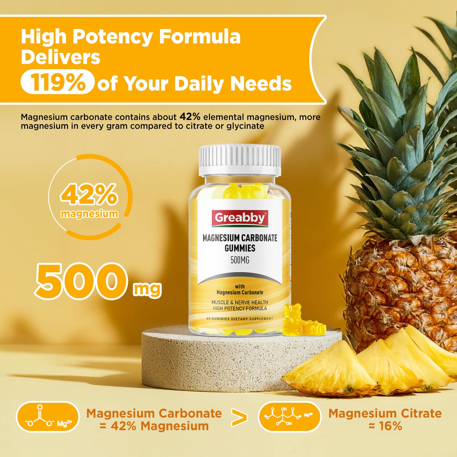 Close-up of 500mg magnesium label on GREABBY gummies bottle