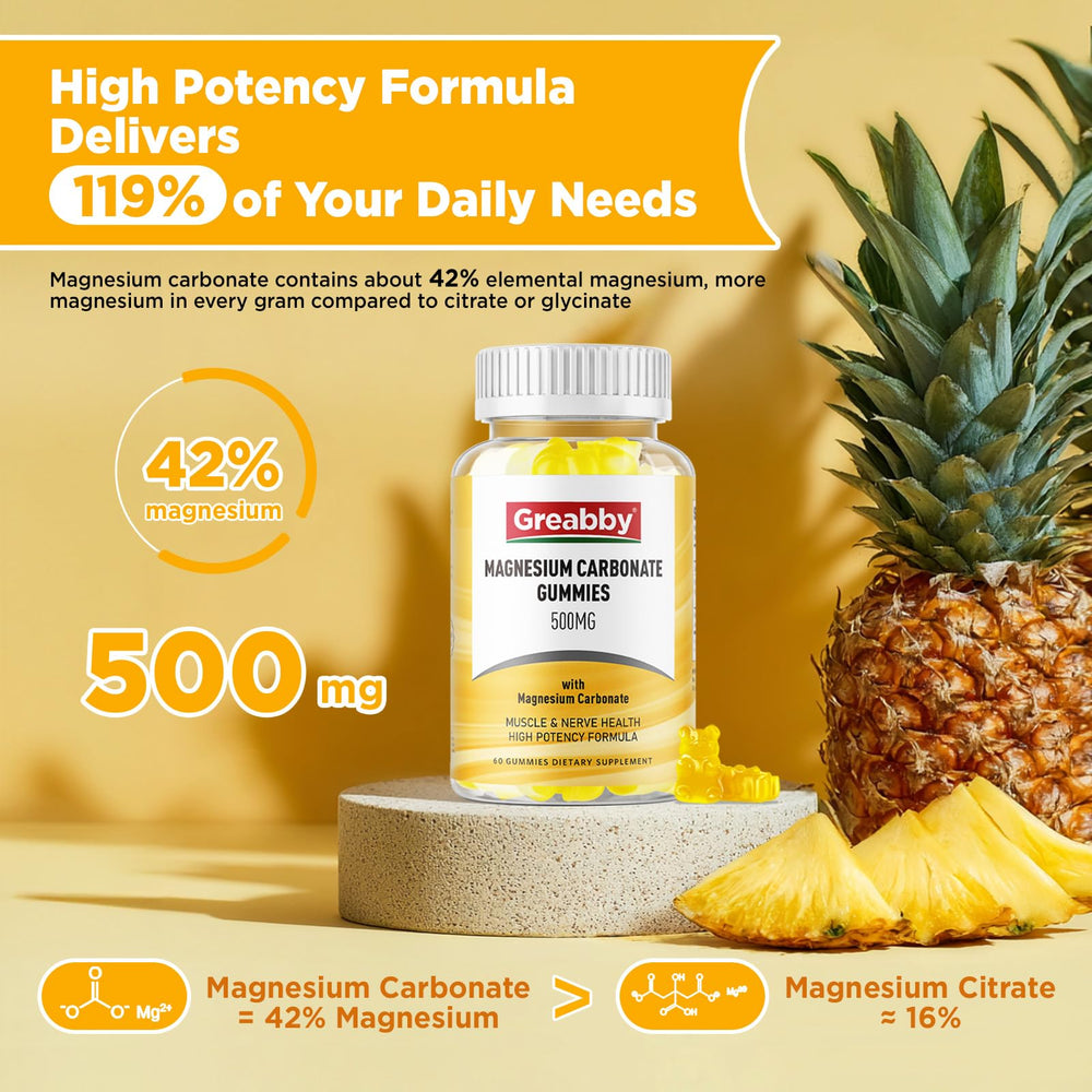 Close-up of 500mg magnesium label on GREABBY gummies bottle