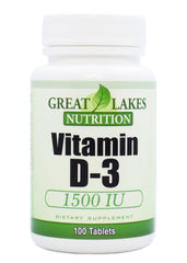 Bottle of Great Lakes Vitamin D3 1500IU vegan supplement showing 100 easy-swallow pills