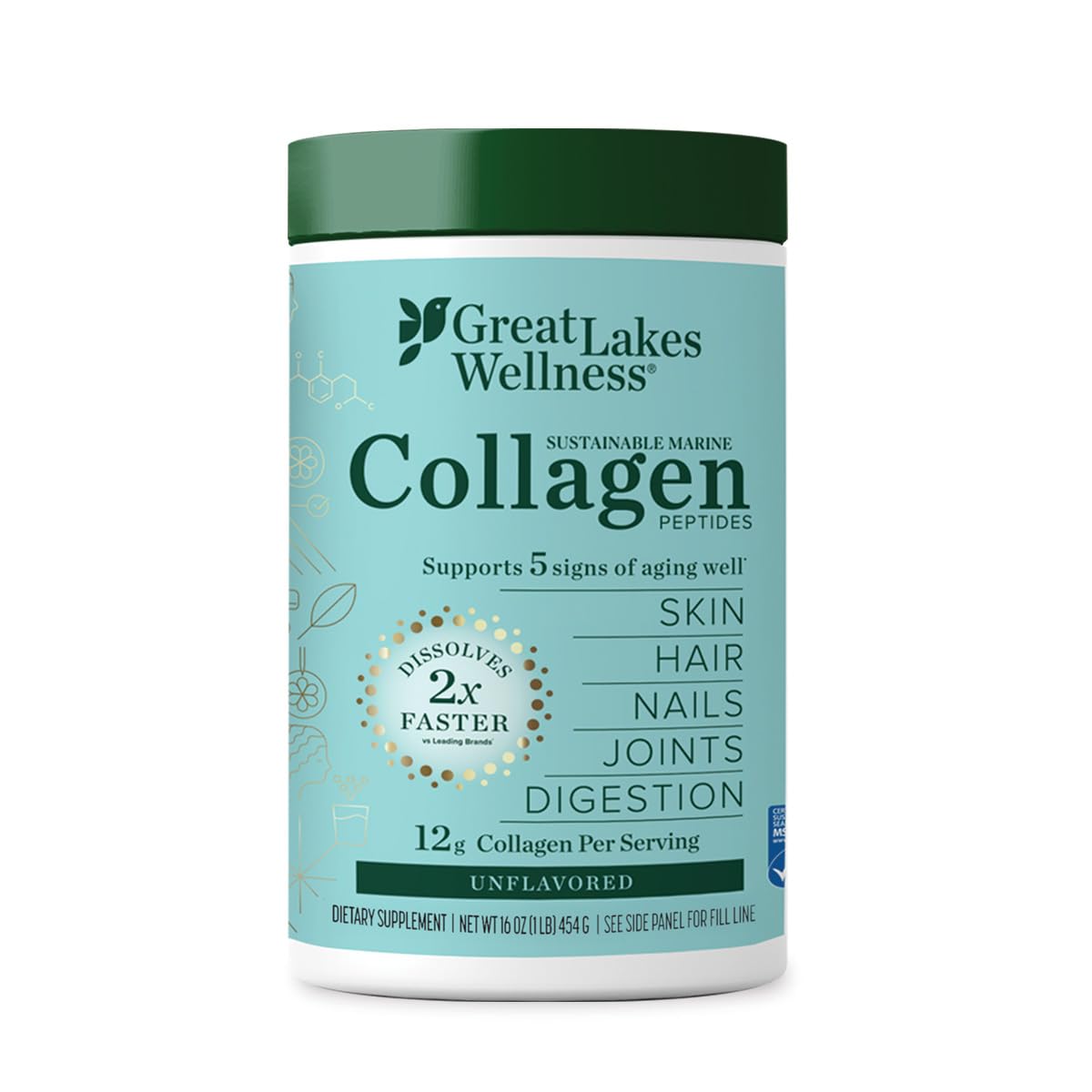 Great Lakes Wellness Marine Collagen Peptides Powder 16 oz bottle, unflavored