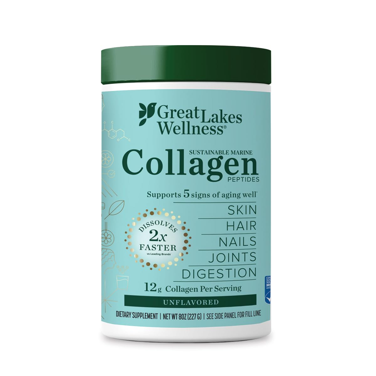Packaging and label of Great Lakes Wellness Marine Collagen Peptides Powder 8 oz unflavored