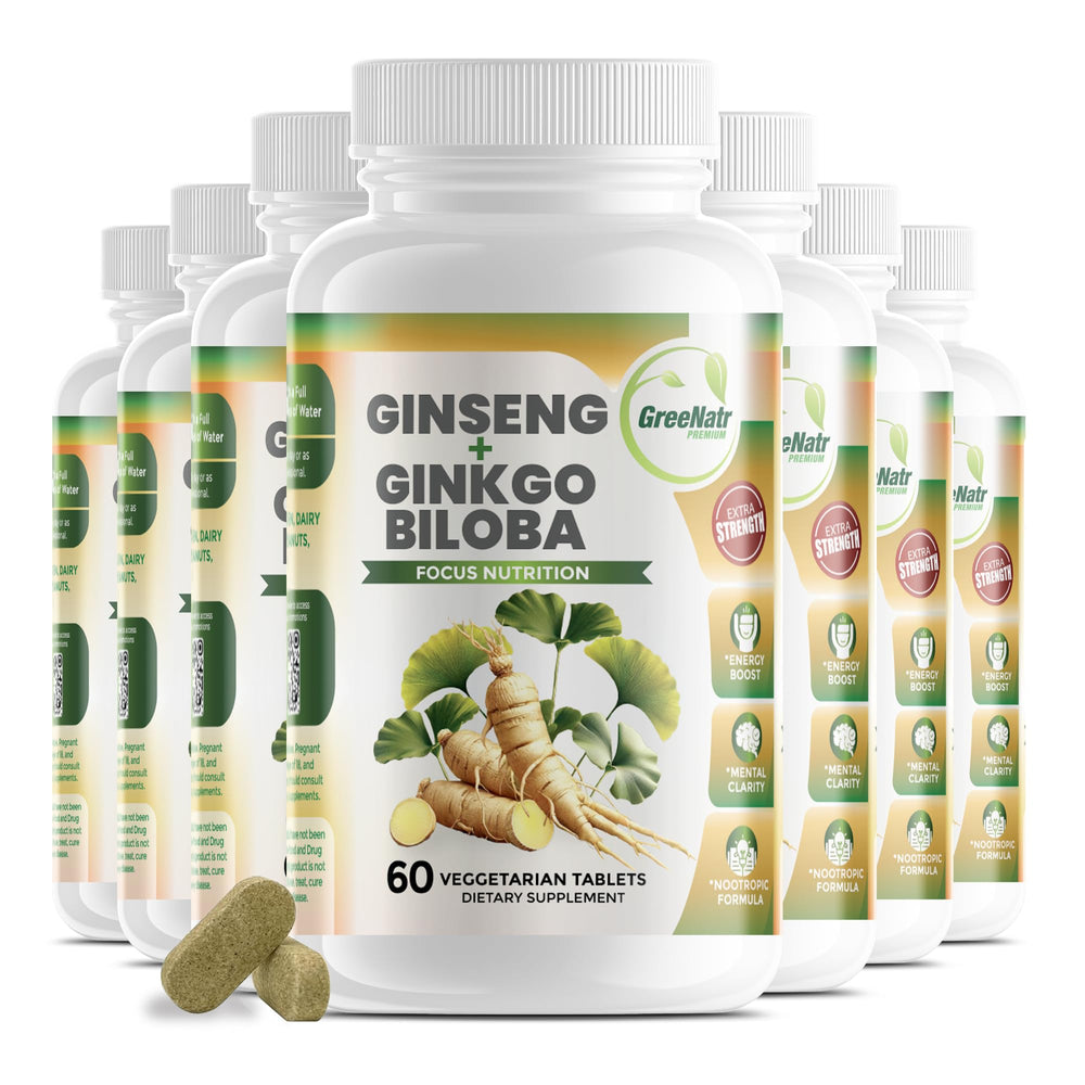 Front label of GreeNatr Ginko Biloba & Panax Ginseng supplement bottle