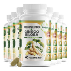 Front label of GreeNatr Ginko Biloba & Panax Ginseng supplement bottle