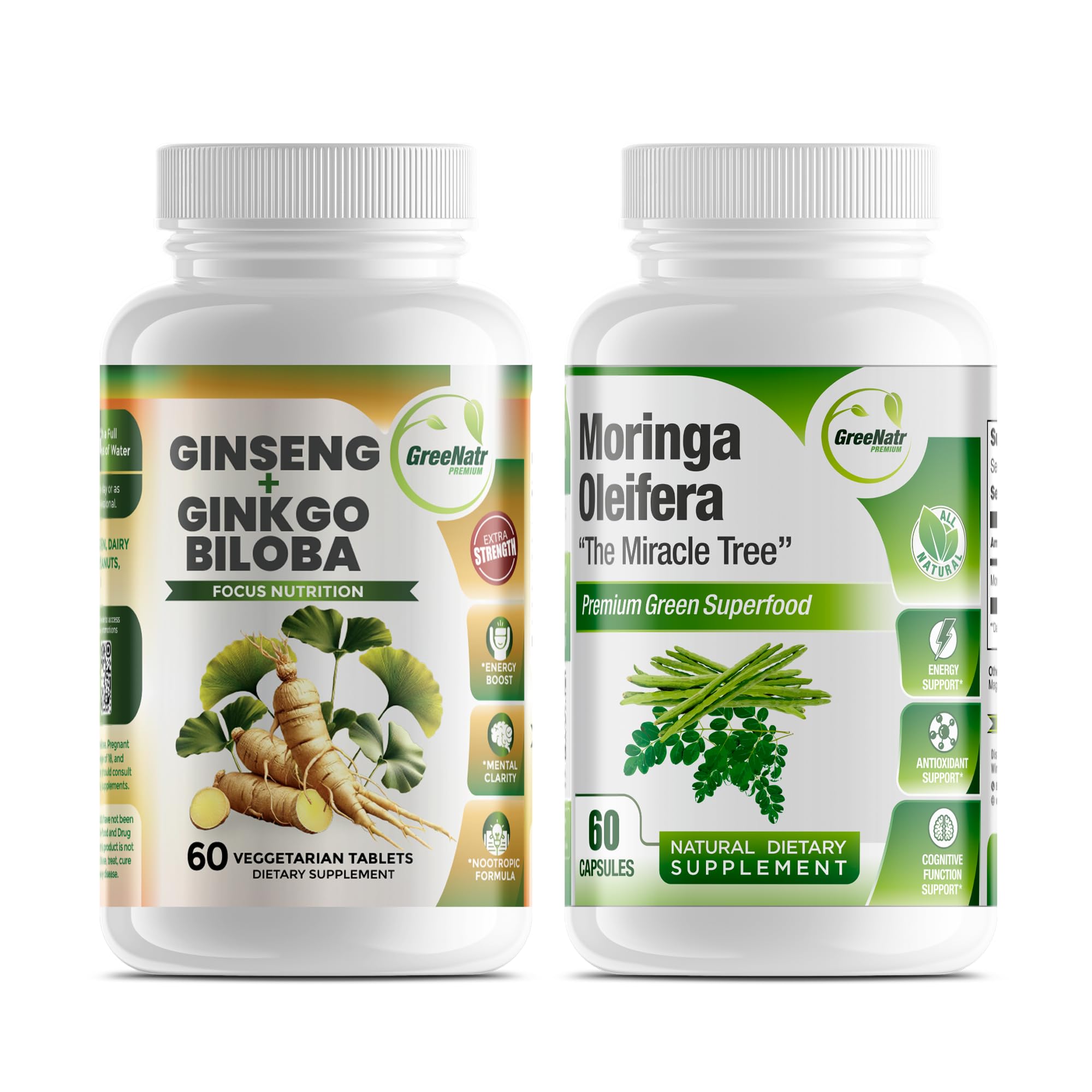 GreeNatr bundle front view showing Ginkgo Biloba, Panax Ginseng and Moringa capsules