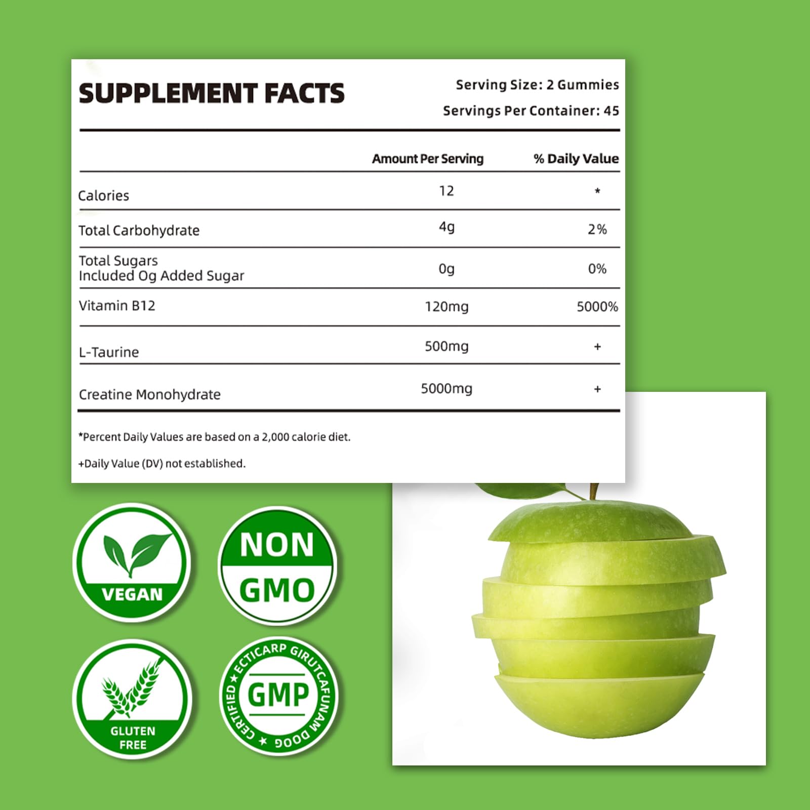 Green Apple Creatine Monohydrate Gummies displayed on a gym shelf