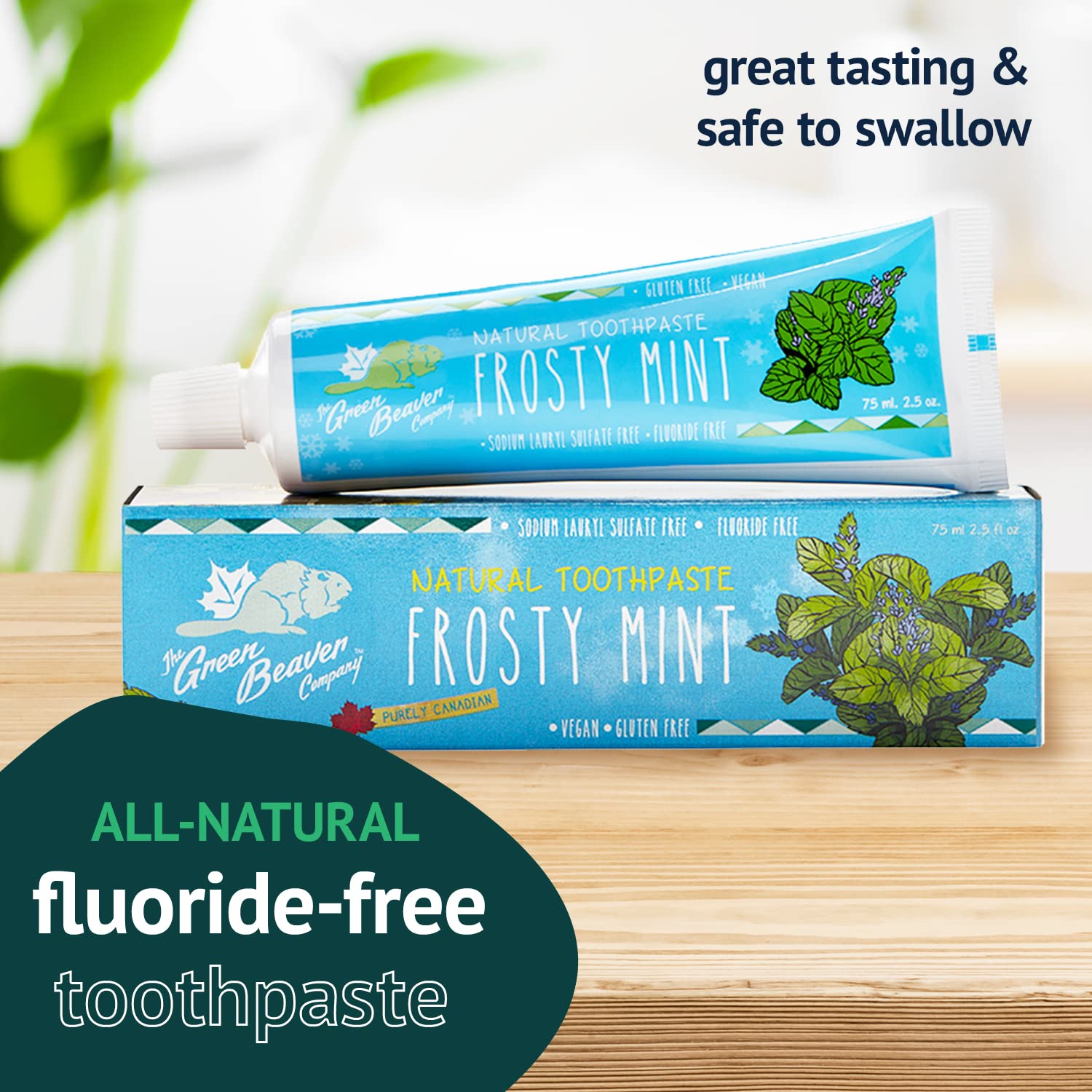 Close-up of Frosty Mint Green Beaver toothpaste tubes in a 3-pack