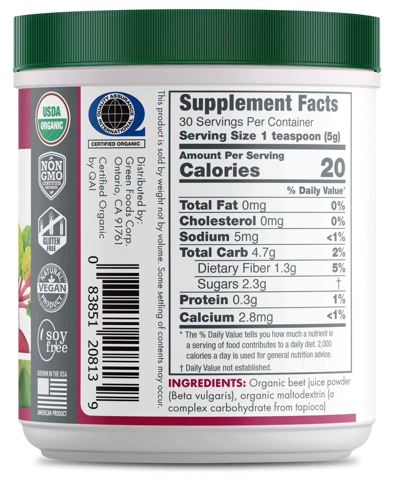 Side view of Green Foods Beet Essence OG2 bottle