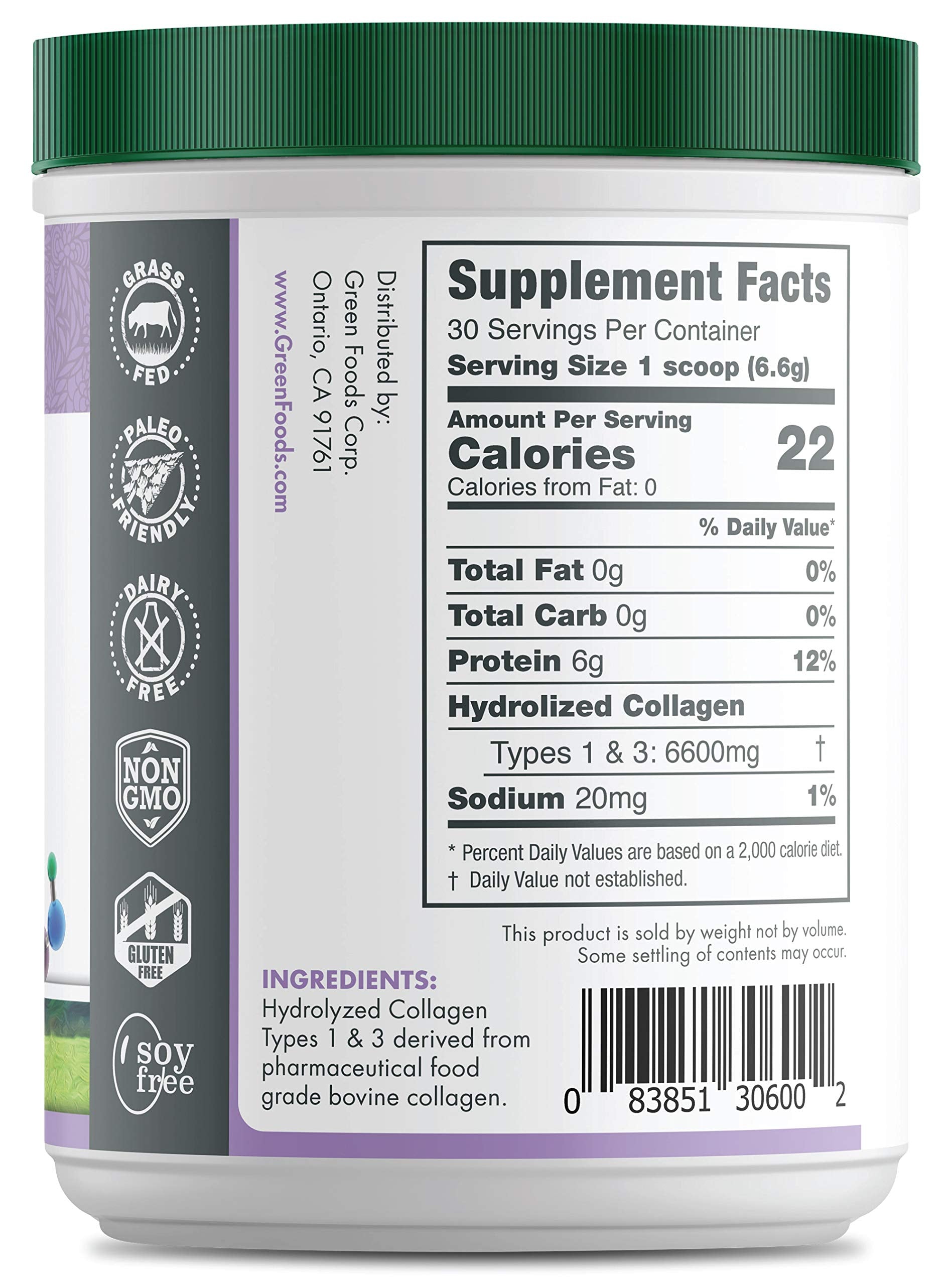 Label highlighting grass-fed and pasture-raised source on Green Foods collagen