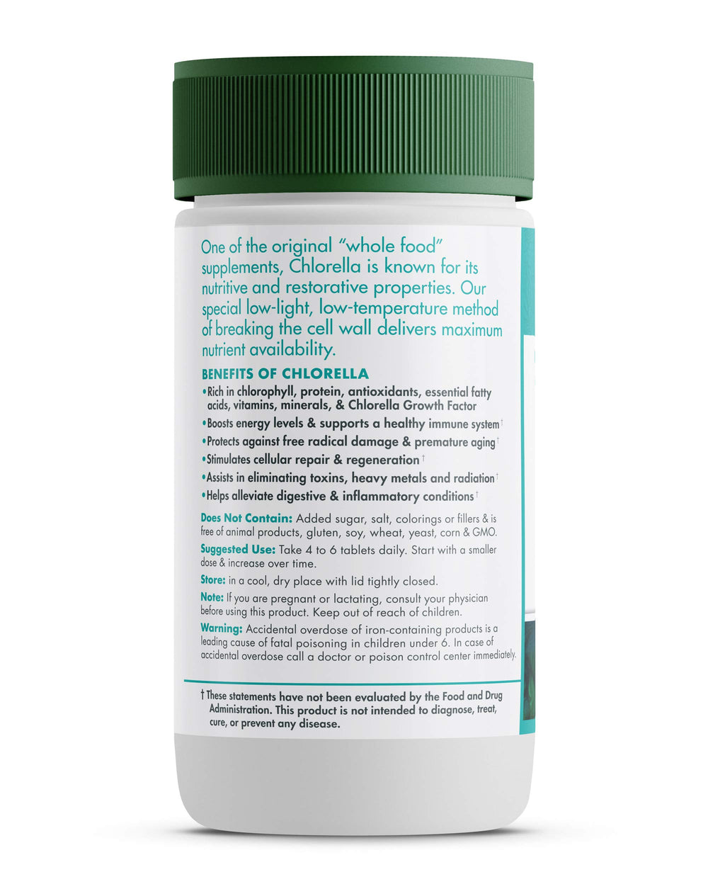 Close-up of chlorella tablets in bottle