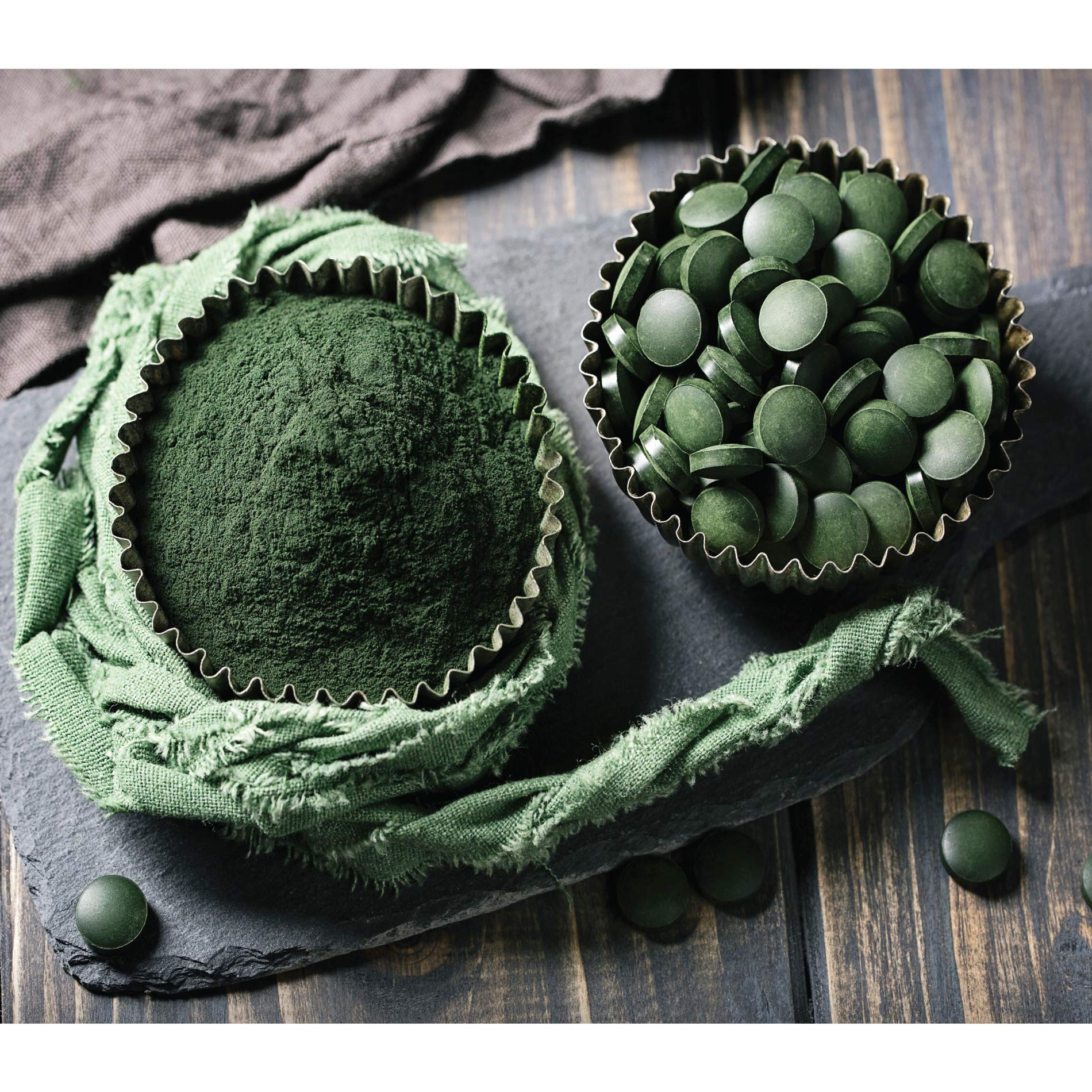 Nutrition facts panel on chlorella bottle