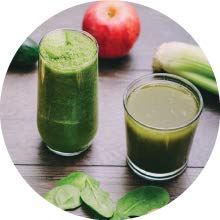 Healthy lifestyle image with chlorella bottle and fruits
