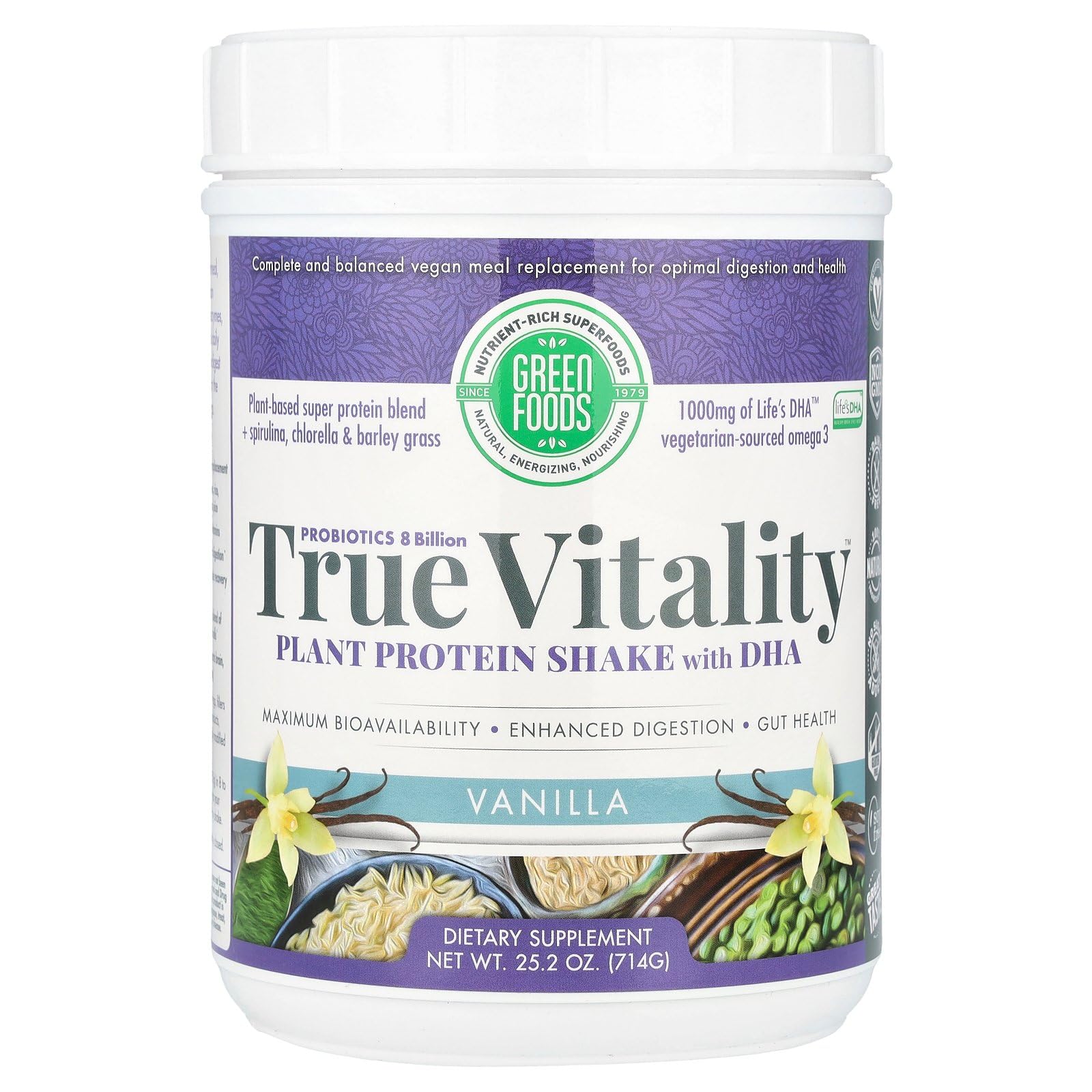 Front view of Green Foods True Vitality Plant Protein Shake Vanilla 25.2 oz