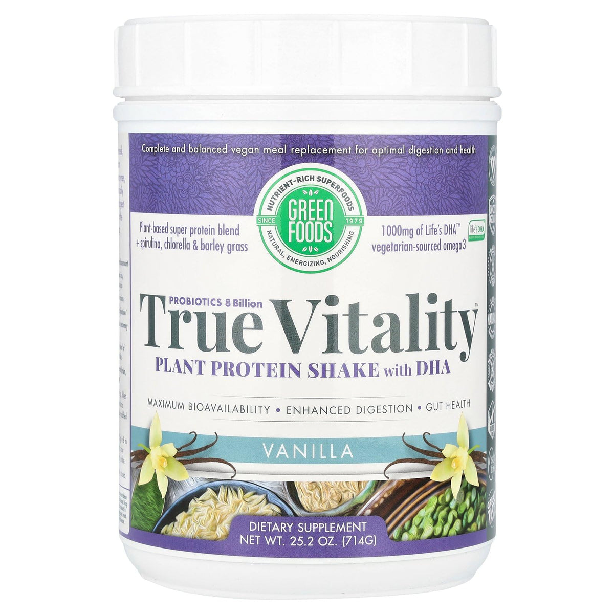 Front view of Green Foods True Vitality Plant Protein Shake Vanilla 25.2 oz