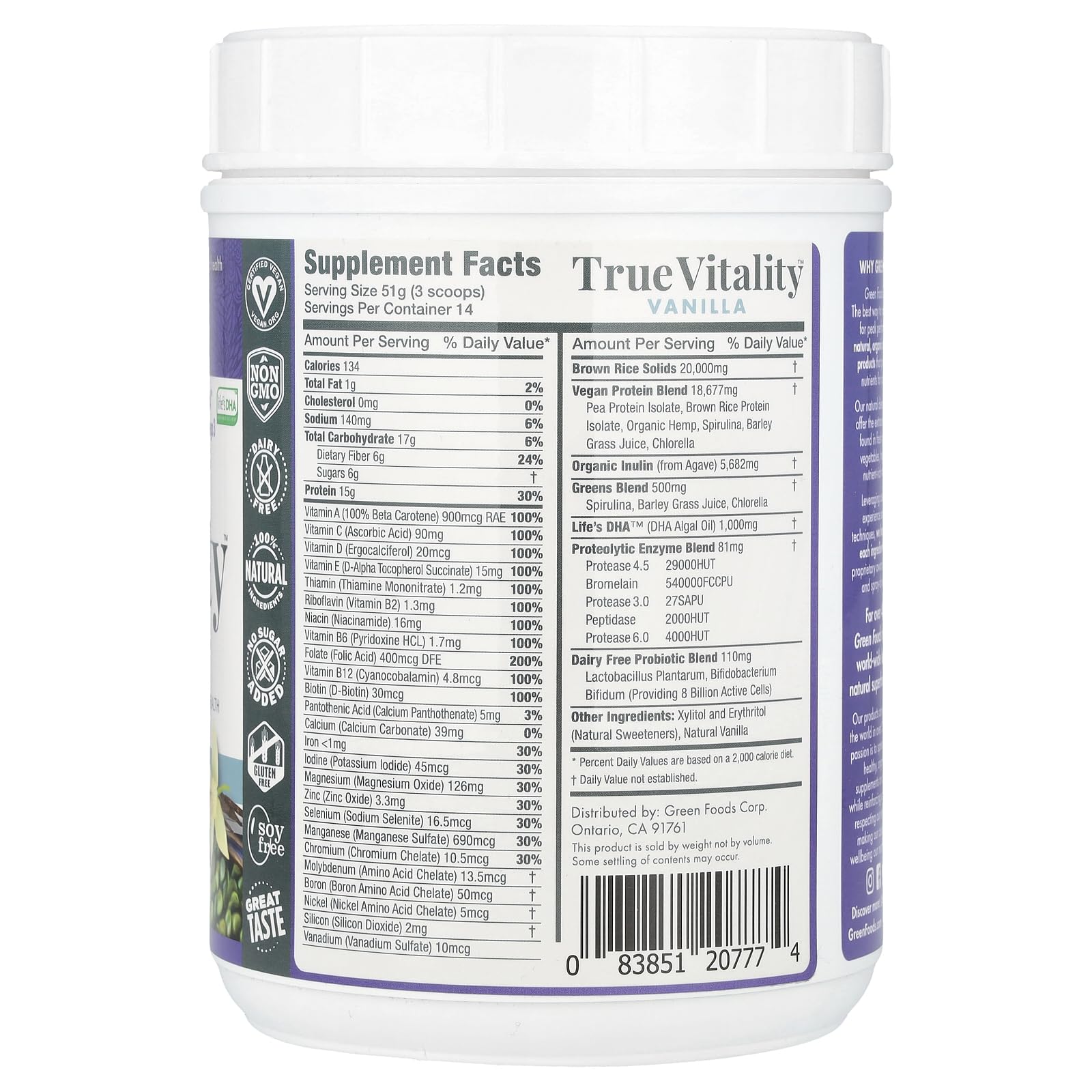 Nutrition facts panel for Green Foods True Vitality Plant Protein Shake Vanilla 25.2 oz