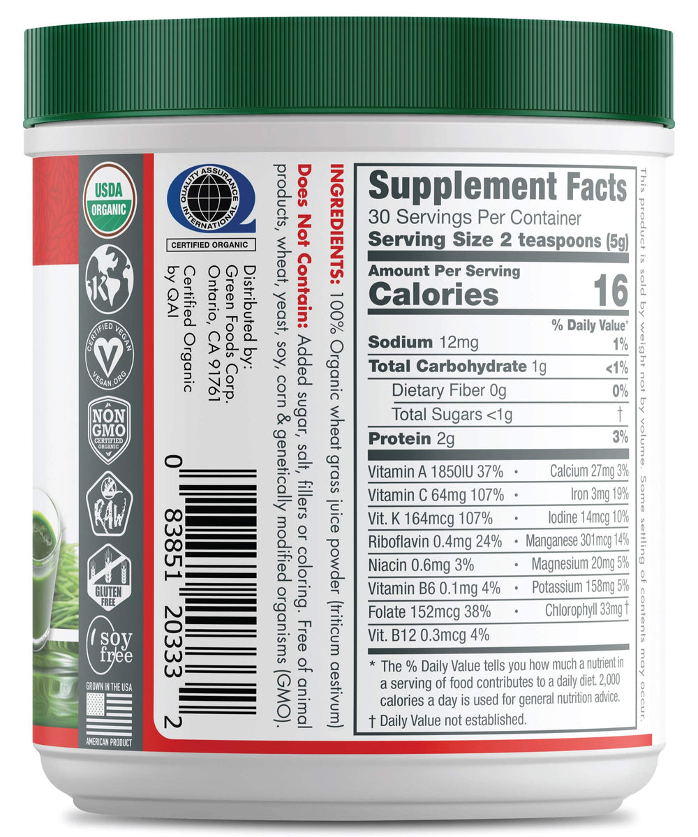 Green Foods Wheat Grass Shots bottle label showing organic certification