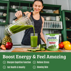 Scoop of green powder showing spirulina, chlorella and wheat grass