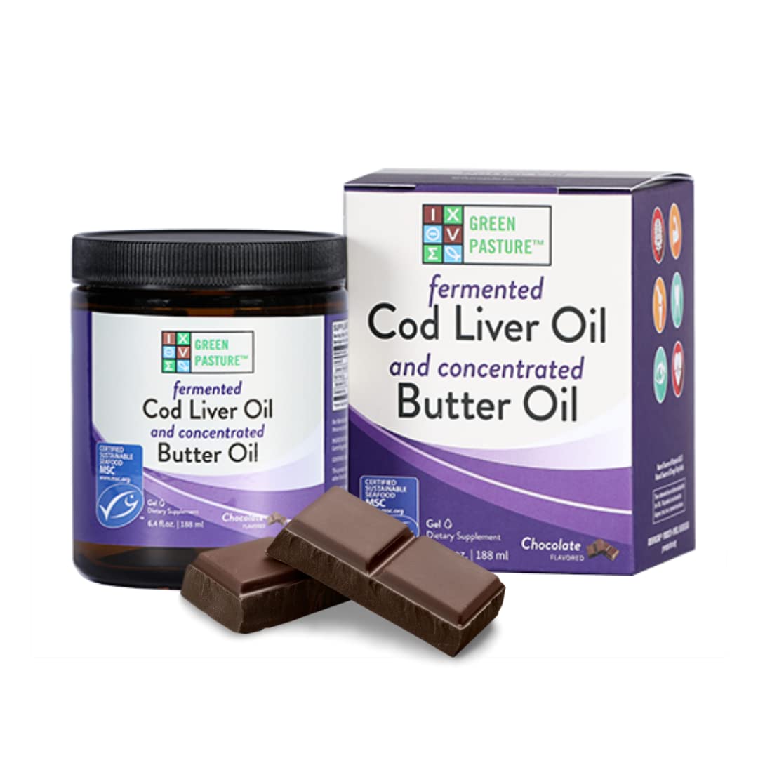 Product shot of Green Pasture Butter Oil & Fermented Cod Liver Oil blended gel in chocolate flavor