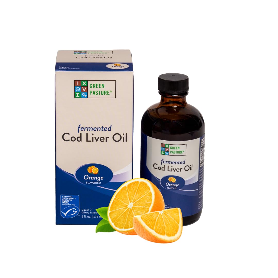 Green Pasture Fermented Cod Liver Oil Liquid bottle with orange label, 6 fl oz