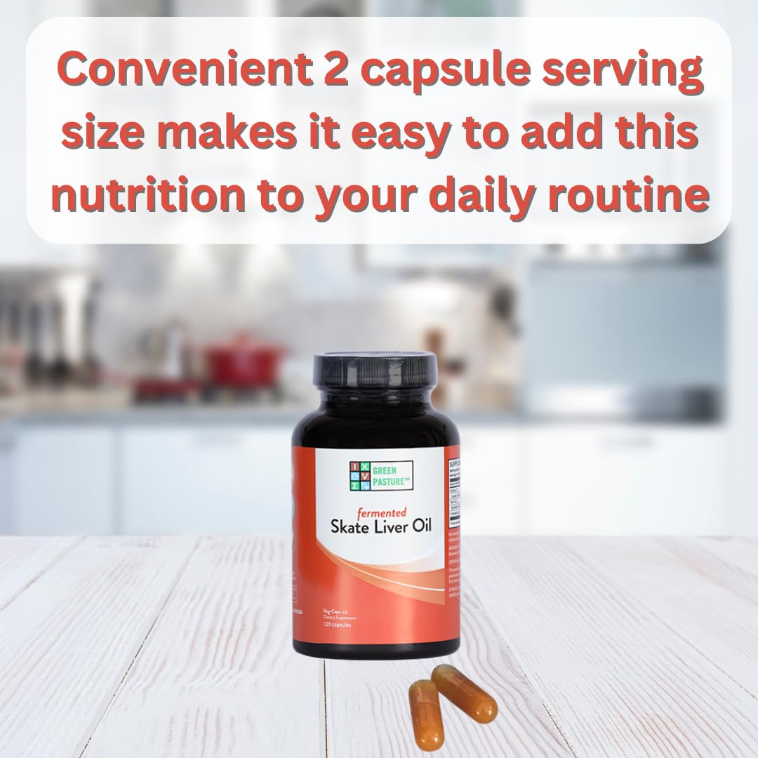 Close-up of Green Pasture skate liver oil bottle and label