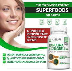 Green superfood powder blend of spirulina and chlorella