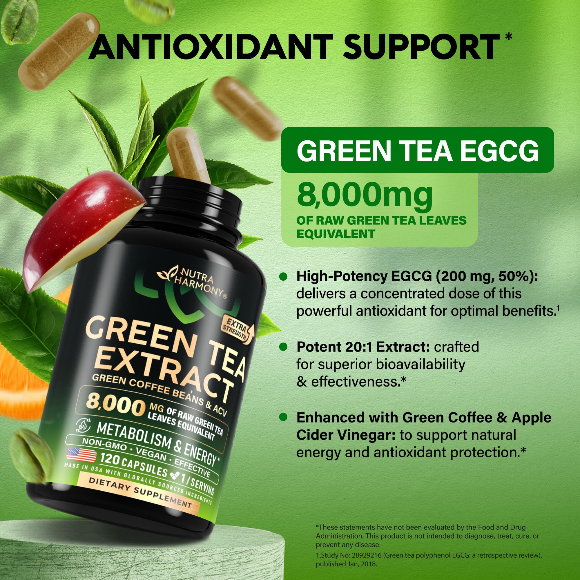 Capsules with ingredients: Green Tea Extract, Green Coffee Beans, Apple Cider Vinegar, Vitamin C