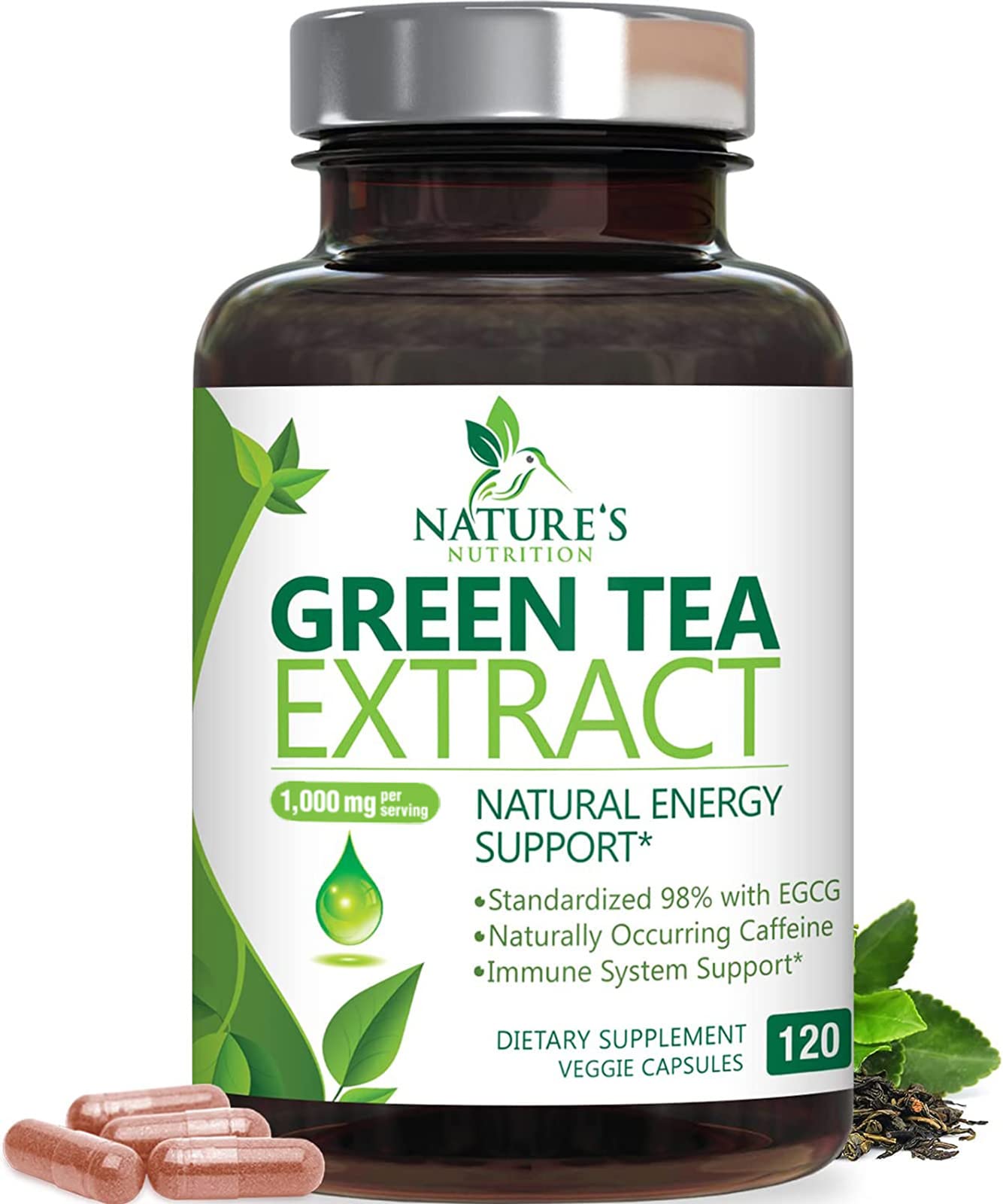 Nature's Nutrition Green Tea Extract bottle with 120 capsules and 1000 mg per serving