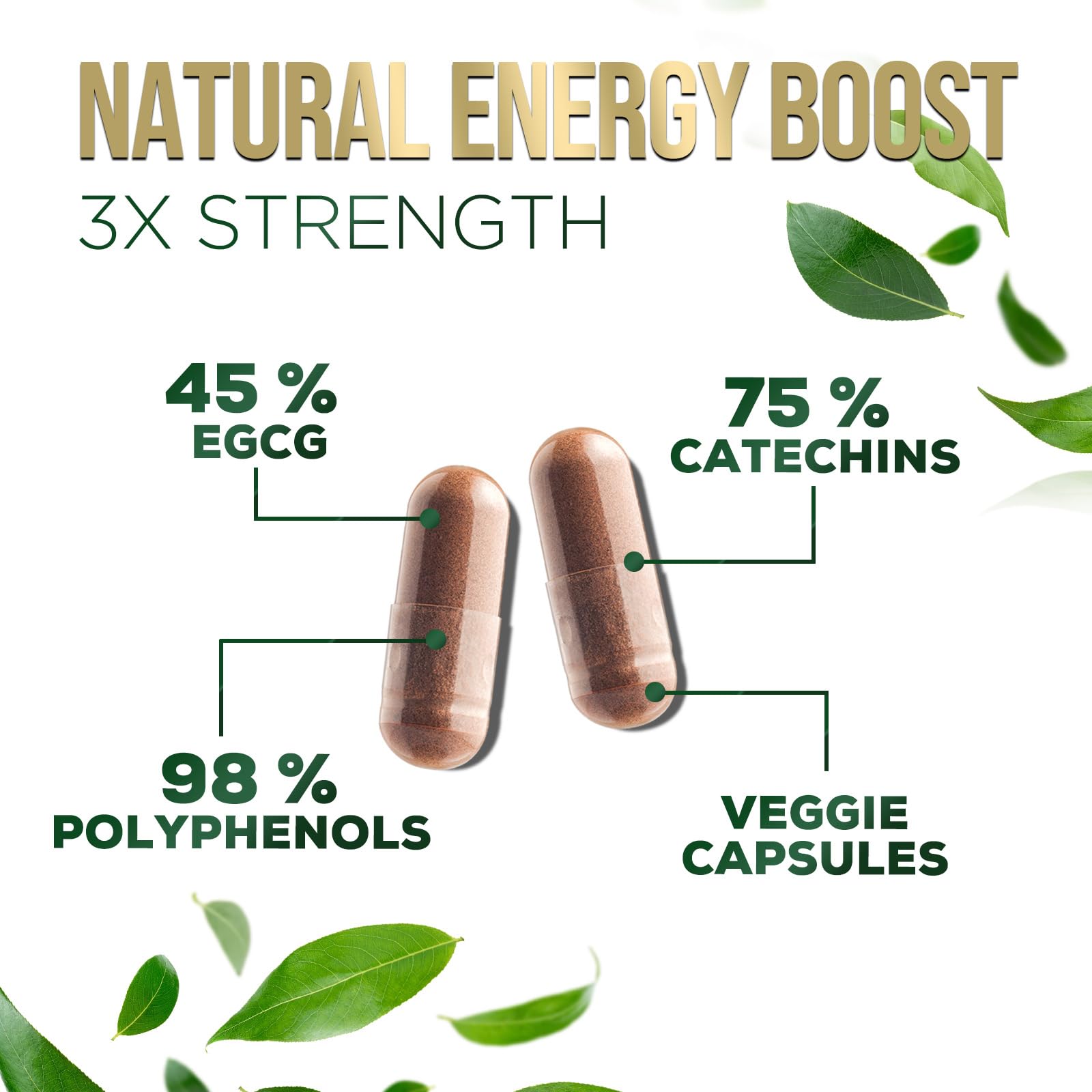 Label highlights: EGCG 45% minimum and polyphenol content