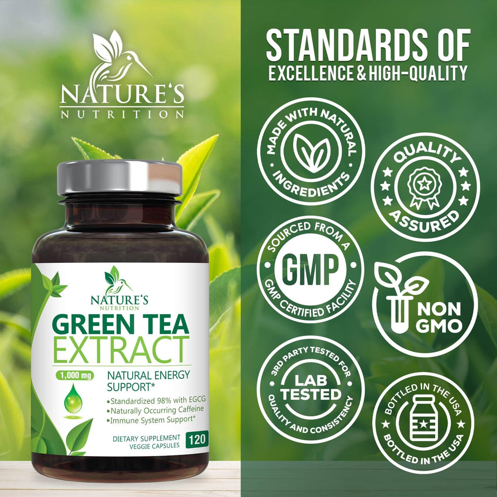 Supplement facts panel showing 2 capsules per serving: 1000 mg Green Tea 98% Extract