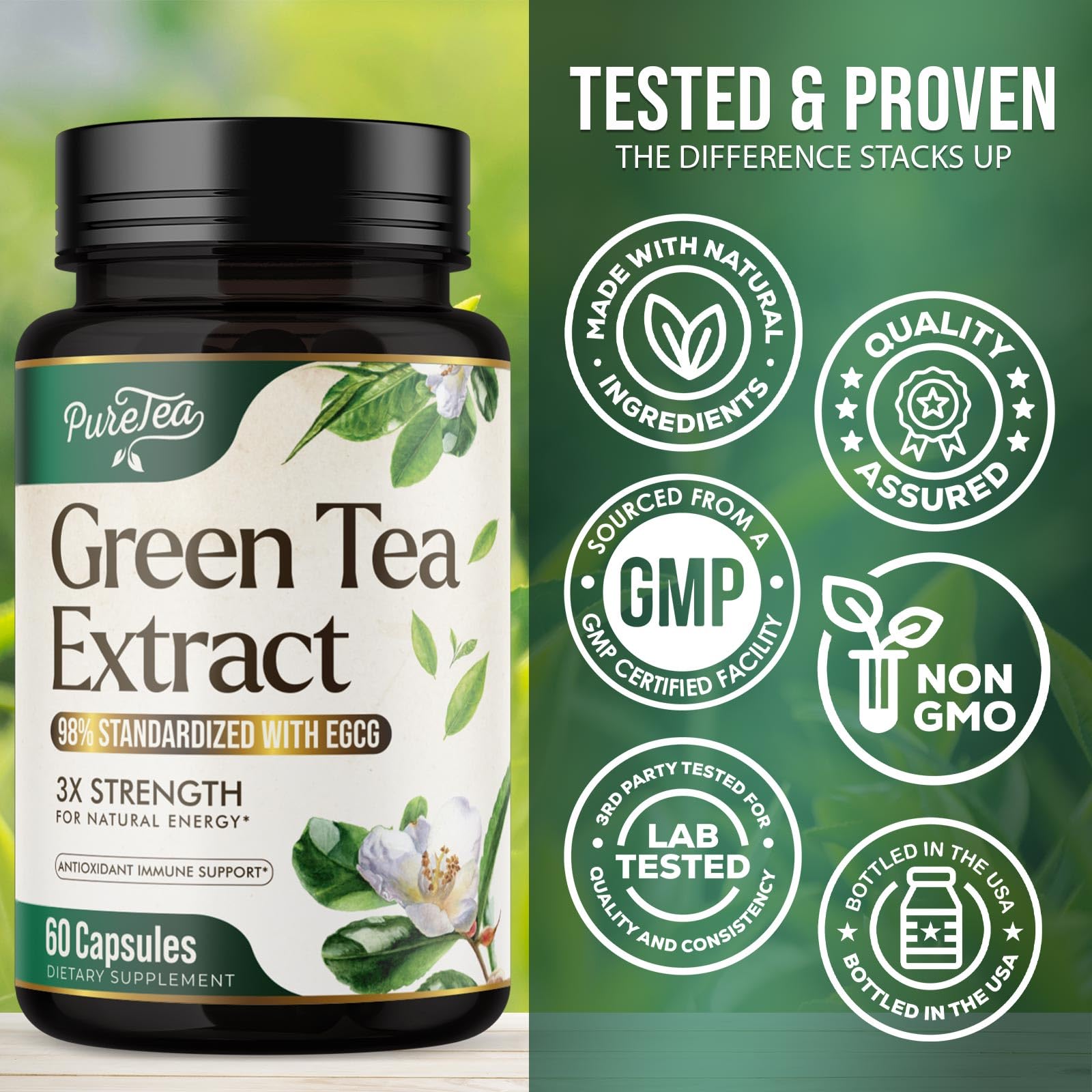 Close-up of 1000mg green tea extract capsules