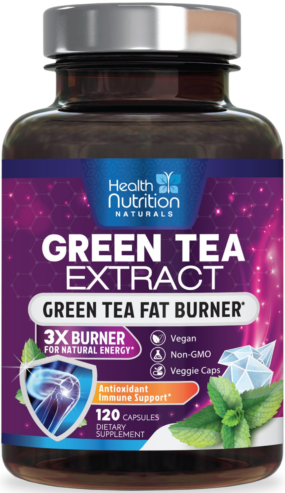 Bottle of Green Tea Extract pills showing 1300mg strength and 98% polyphenols