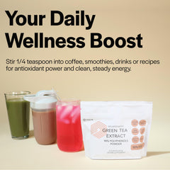 Green tea powder being mixed into coffee or smoothie
