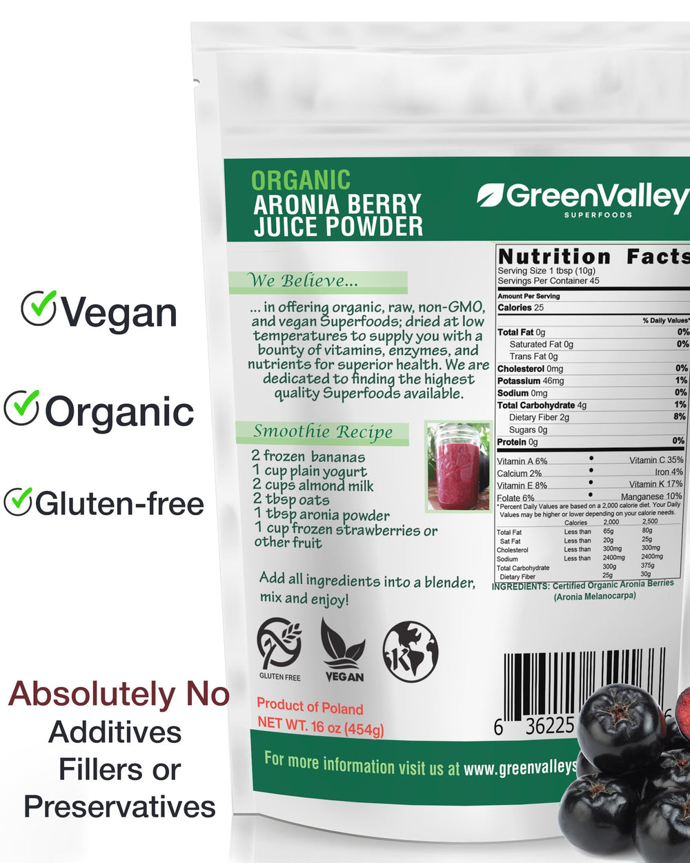 Back label on Green Valley Organic Aronia Berry Juice Powder 1 lb