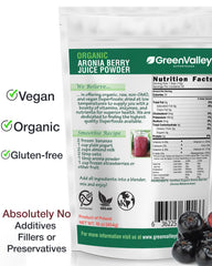 Back label on Green Valley Organic Aronia Berry Juice Powder 1 lb