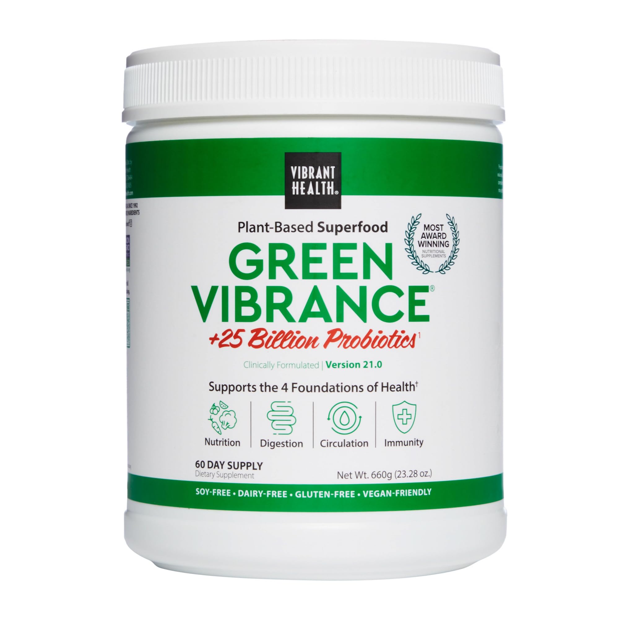 Vibrant Health Green Vibrance vegan superfood powder canister with scoop