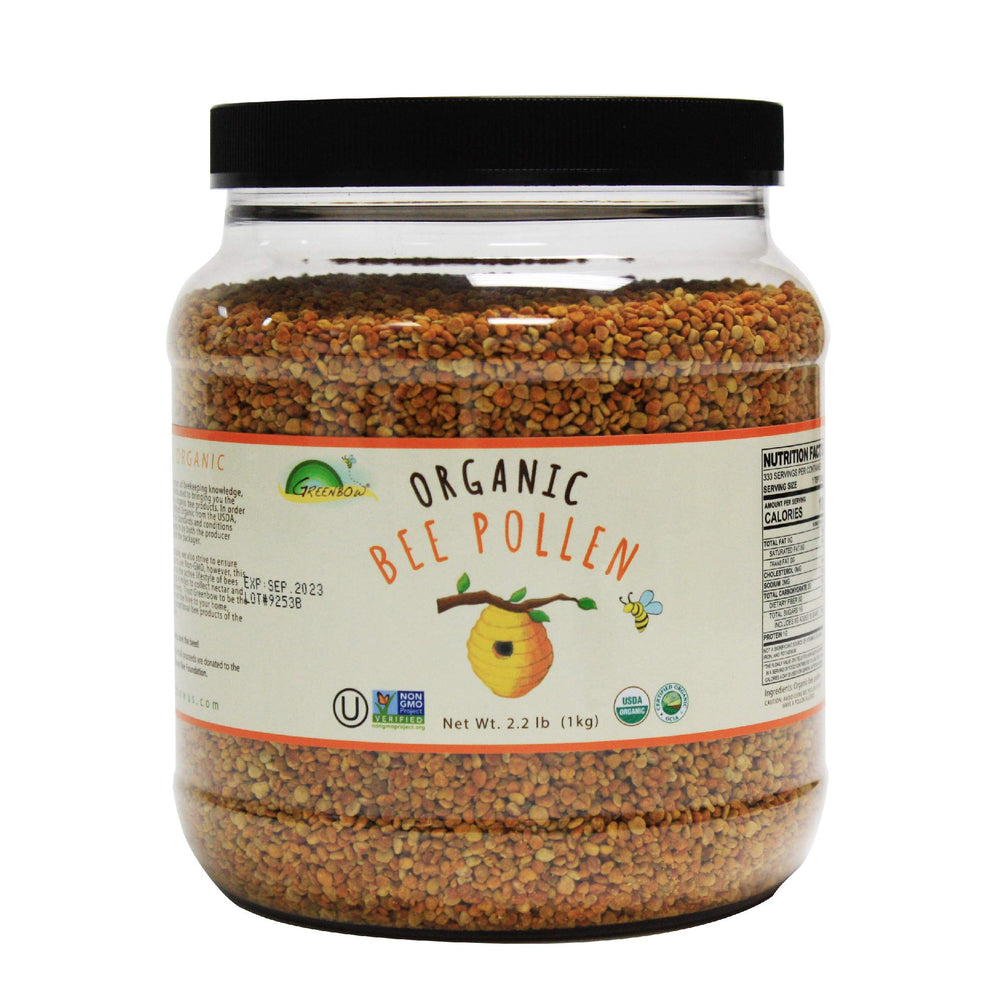 Greenbow Organic Bee Pollen 1000g jar label with USDA Organic certification