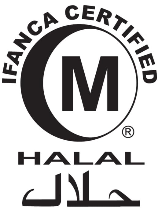 Badges showing USDA Organic, Non-GMO, Halal and Kosher certifications