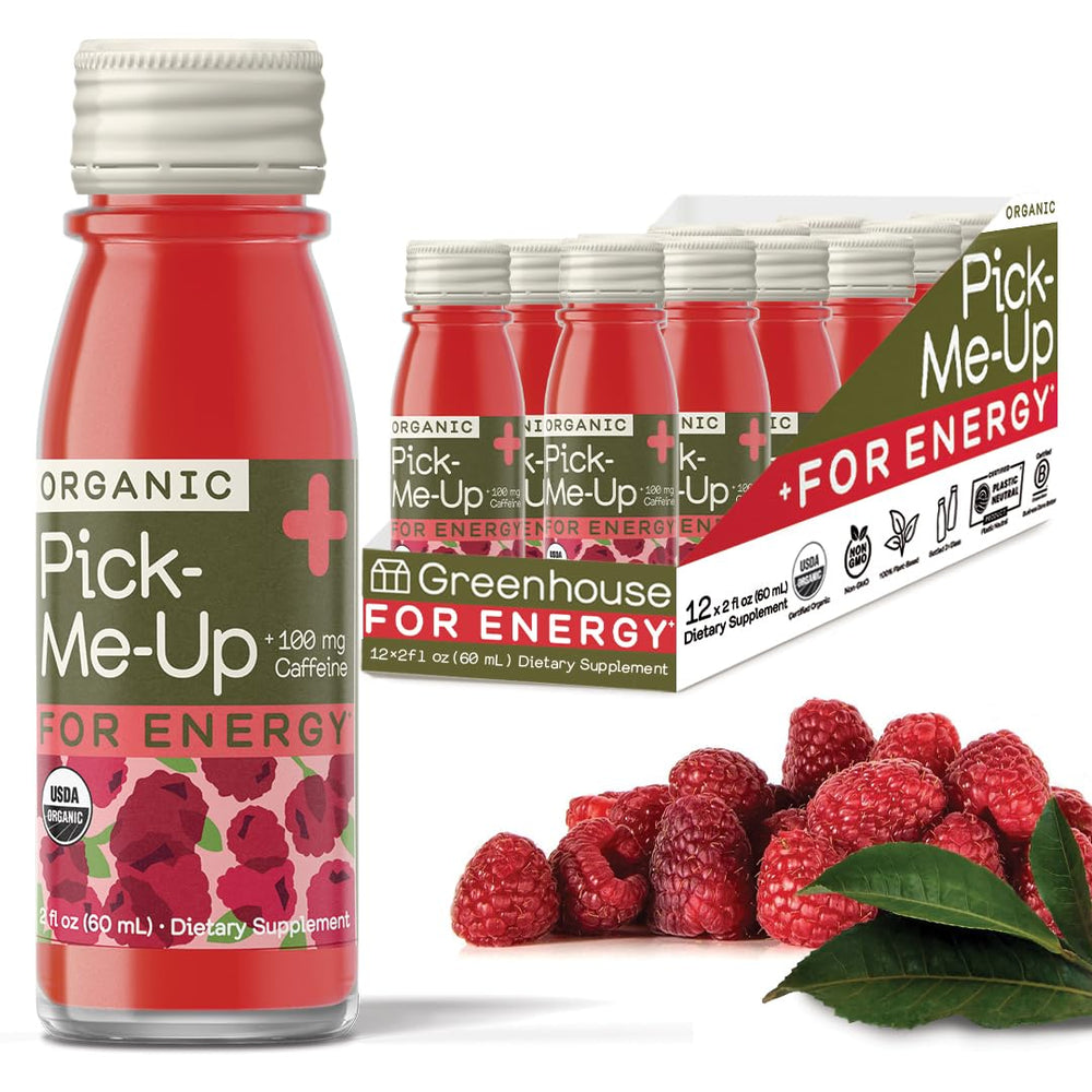 Front label view of Greenhouse Juice Organic Energy Shot bottle